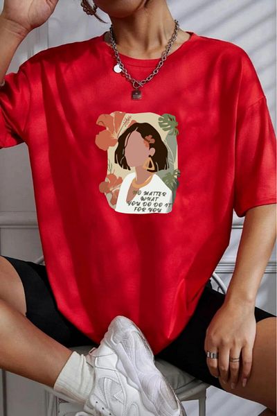 Evomind In Cart 5 or More Purchases Get 1 T-Shirt as a Gift - Floral Girl Printed Oversize T-Shirt