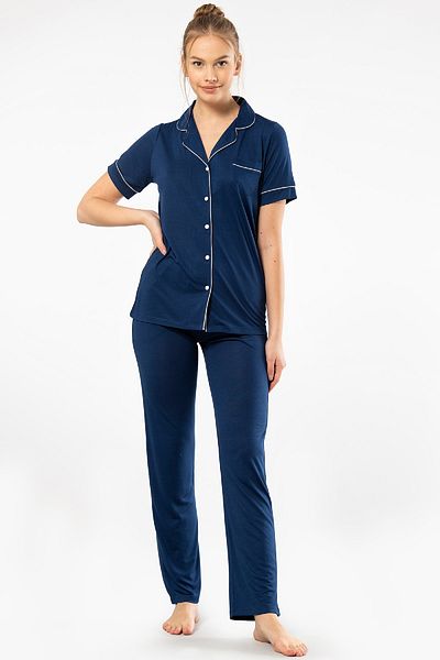 TÜREN Women's Shirt Collar Pajamas Set - Solid Short Sleeve, Button Front, 65% Viscose, 35% Polyester