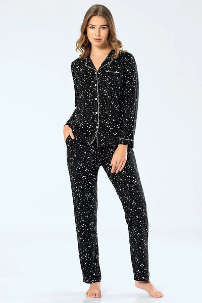 TÜREN Star Patterned Viscose Shirt Collar Long Sleeve Pajama Set