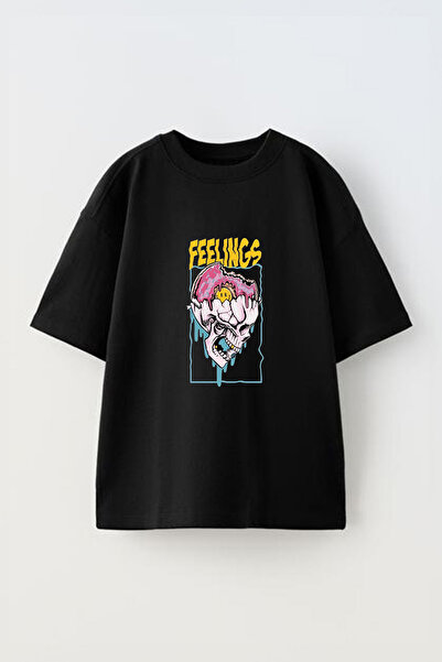 THEWERT Unisex crna Oversize kroj T-shirt - Osećanja u lobanji sa dizajnom kr...