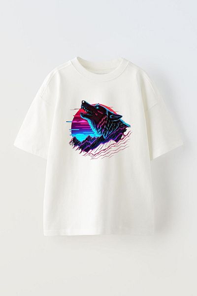 THEWERT Λευκό Oversize βαμβακερό μπλουζάκι - Wolf Design, Unisex, Έγχρωμη εκτύπωση