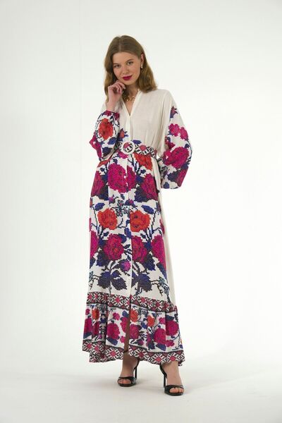 ABBRA Women's High Collar Belted 100% Viscose Summer Dress