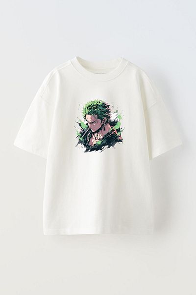THEWERT Roronoa Zoro Printed Green Oversize βαμβακερό μπλουζάκι - Unisex σχέδιο λευκών μαλλιών