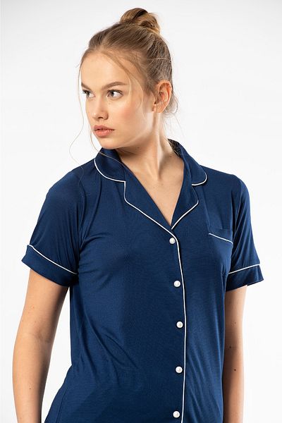 TÜREN Women's Shirt Collar Pajamas Set - Solid Short Sleeve, Button Front, 65% Viscose, 35% Polyester