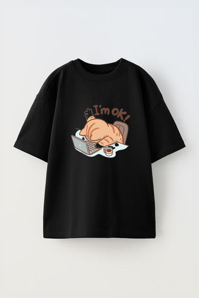 THEWERT Unisex crna Pamuk Oversize kroj T-shirt - Dizajn 'I'm Ok Cat' Štampano