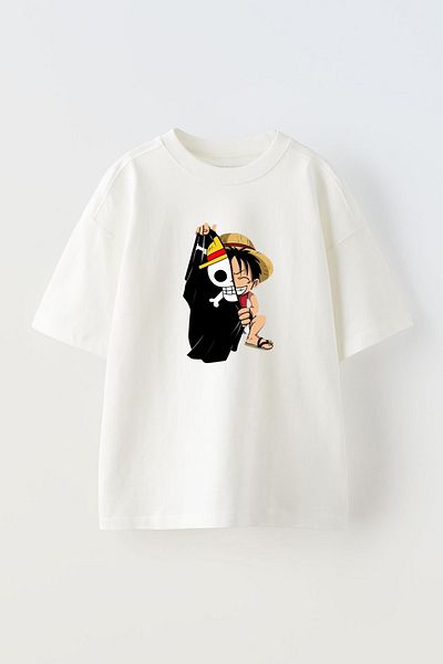 THEWERT Βαμβακερό μπλουζάκι με μοτίβο Luffy Pirate Flag Unisex Λευκό Oversize