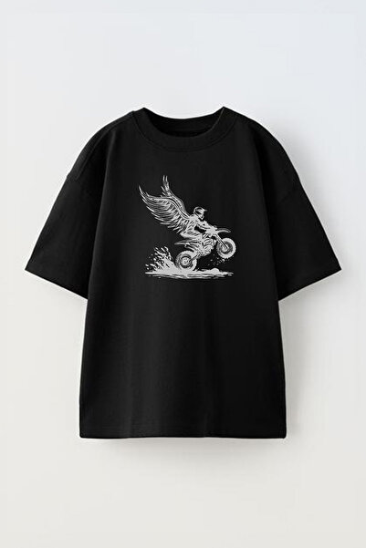THEWERT Biker Design Štampano Unisex Pamuk Crna Oversize kroj T-shirt