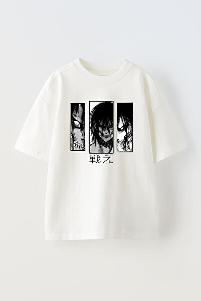 THEWERT تي شيرت أبيض كبير الحجم للجنسين - مطبوع عليه الرسوم المتحركة Eren Ata...