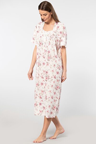 TÜREN Battal Size Floral Patterned Viscose Women's Nightgown - Short Sleeve