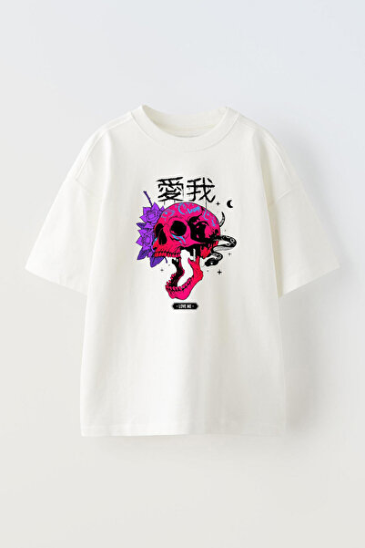 THEWERT White Oversize Unisex T-Shirt - Love Me Printed, Pink Skull Snake Design