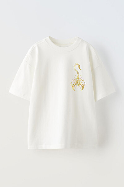 THEWERT Tricou alb oversize unisex - imprimat cu design Scorpion auriu, bumbac