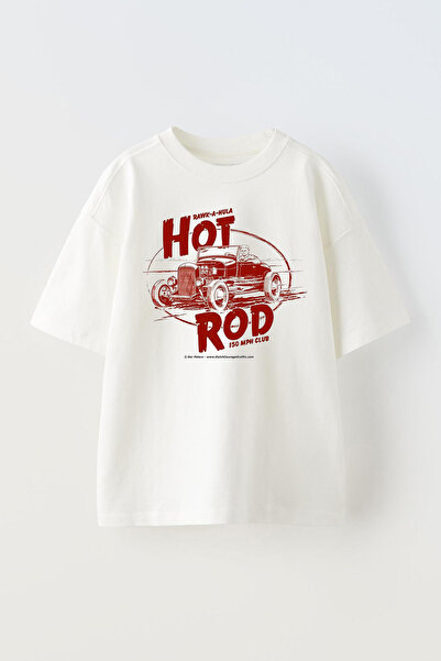THEWERT Tricou alb oversize din bumbac - Hot Rod Car Design Printed, Unisex