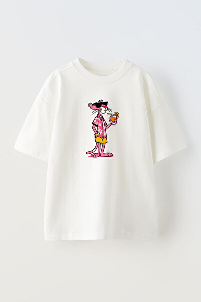 THEWERT Tricou Alb Oversize Bumbac - Unisex, Imprimat Pantera Roz