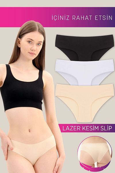Soft Light Chiloți de damă, tăiați cu laser, cu piele albă, neagră, pachet de 3