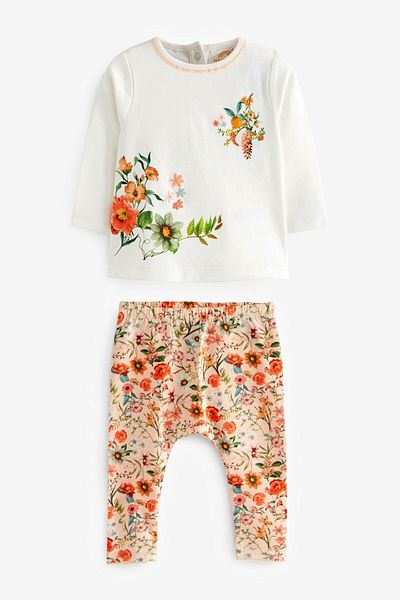 Next Baby White Orange Floral Patterned Cotton Long Sleeve Suit Set