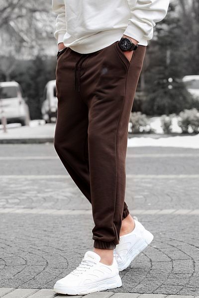 BayBayan Ανδρικό καφέ ελαστικό παντελόνι Jogger με τρία νήματα