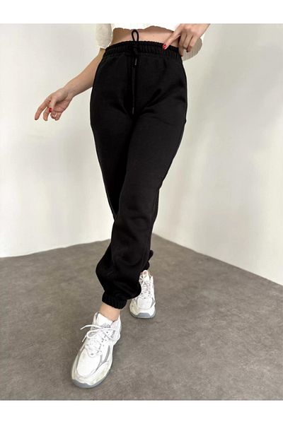 BayBayan Γυναικείο μαύρο βαμβακερό παντελόνι Jogger με τρεις κλωστές