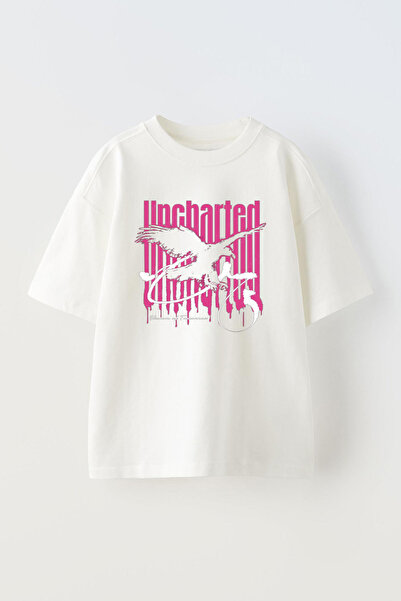 THEWERT Unisex Uncharted White Oversize kroj Pamuk T-shirt - Kartal Štampano