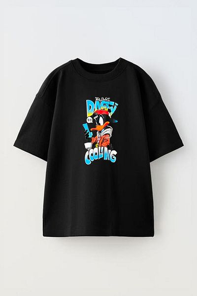THEWERT Tricou oversize unisex din bumbac negru - imprimat cu design Daffy
