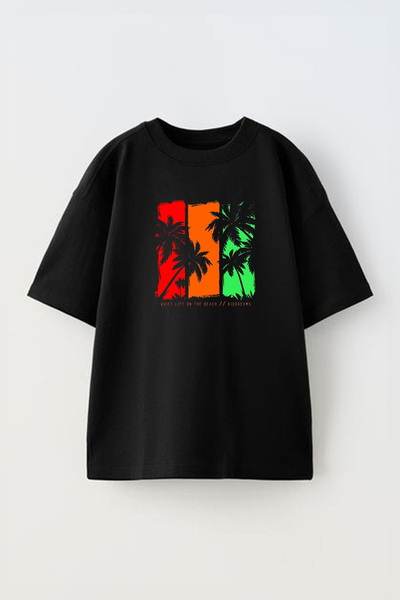 THEWERT Beach Life Design - Unisex Μαύρο βαμβακερό μπλουζάκι Oversize