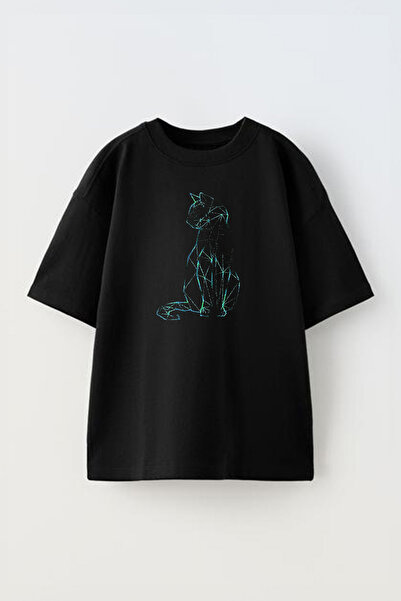 THEWERT Plava mačka Sa deznom - Štampano Pamuk Crna Oversize kroj Unisex T-shirt
