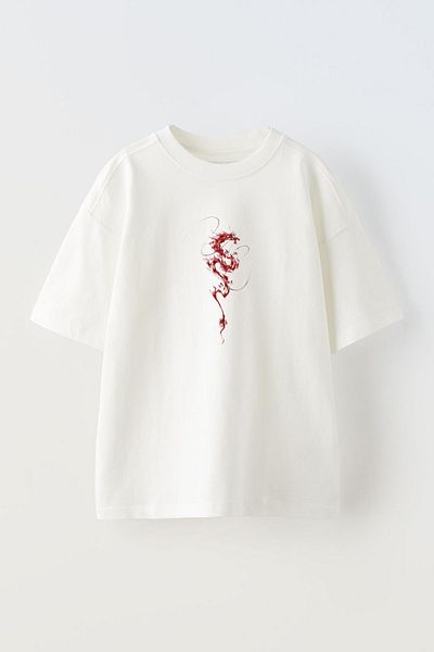 THEWERT Tricou oversize alb unisex - imprimat cu desen dragon roșu, bumbac