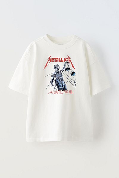 THEWERT Tricou alb oversize din bumbac, unisex, cu design Metallica și Justice For All