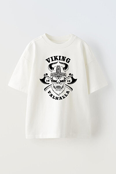 THEWERT Tricou oversize din bumbac alb cu imprimeu Valhalla Viking Design - U...