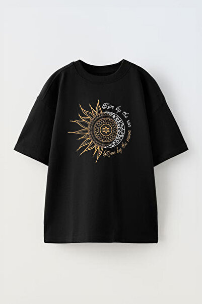 THEWERT Sun and Moon Design Štampano Unisex Black Pamuk Oversize kroj T-shirt