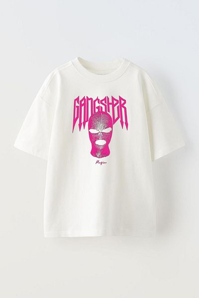 THEWERT Λευκό Oversize βαμβακερό μπλουζάκι - Unisex Pink Gangster Printed