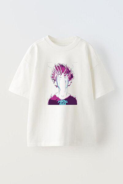 THEWERT Mob Psycho 100 Unisex Bela Oversize kroj Pamuk T-shirt - Dizajn Štampano