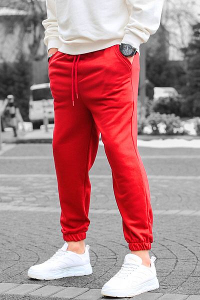 BayBayan Ανδρικό κόκκινο παντελόνι Jogger με ελαστικό πόδι με τρία νήματα