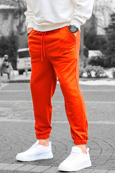 BayBayan Πορτοκαλί ανδρικό Jogger Sweatpants - Ελαστικό πόδι, τρία κλωστές