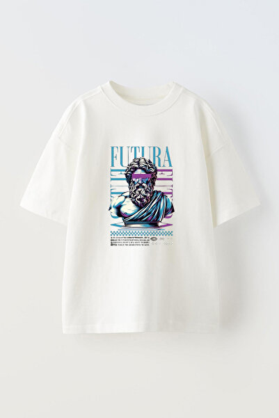 THEWERT Futura Design Unisex Bela Oversize kroj Pamuk T-shirt - Štampano