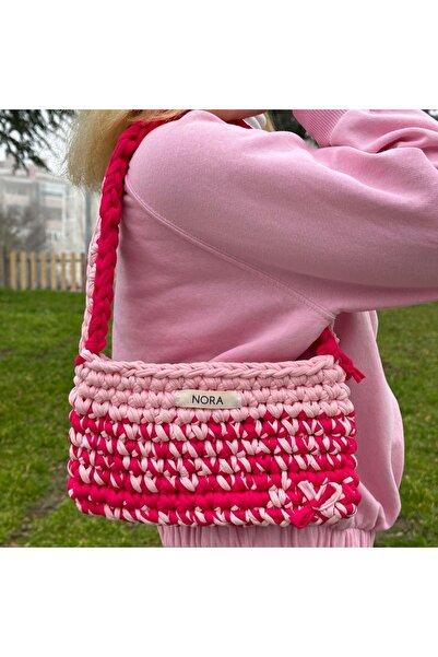 Nora El Örgüsü Pembe Günlük Penye İp Çanta