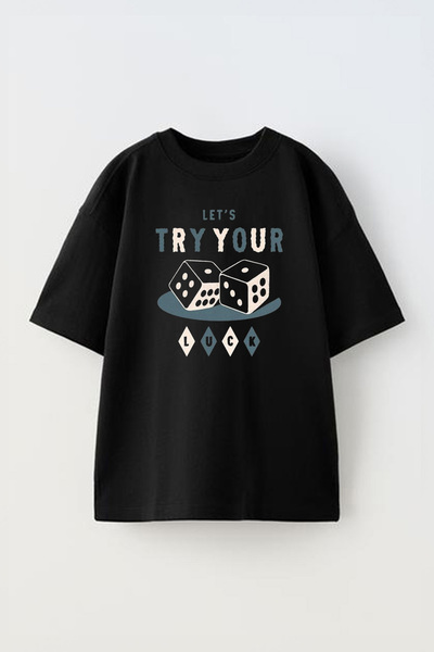 THEWERT Hajde da isprobamo sreću Štampano Pamuk Unisex Oversize kroj Crna T-s...