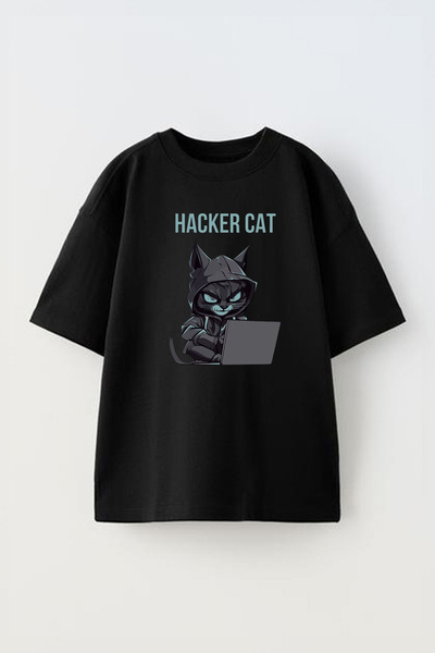 THEWERT Un tricou negru oversize din bumbac unisex cu imprimeu Hacker Cat