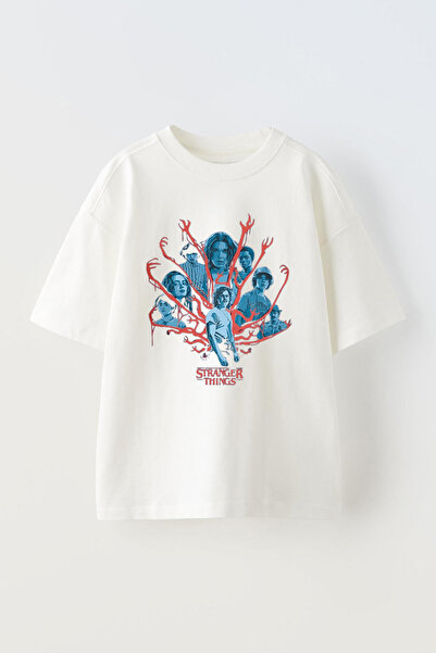 THEWERT Stranger Things Unisex Λευκό Oversize βαμβακερό μπλουζάκι - Σχέδιο Πρόσωπα Τυπωμένο