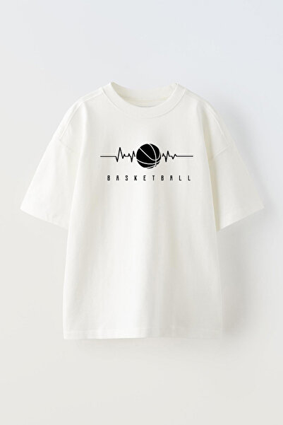 THEWERT Bela unisex Oversize kroj košarkaška lopta T-shirt - Pamuk, dizajn cr...