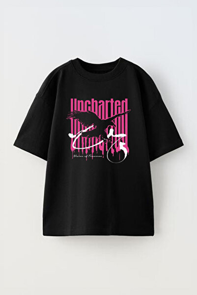 THEWERT Unisex Uncharted Eagle Sa deznom crna Pamuk Oversize kroj T-shirt