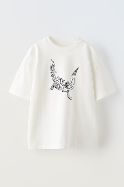 THEWERT Bela Oversize kroj Pamuk T-shirt - Unisex, Dizajn crteža Jet Angel Št...