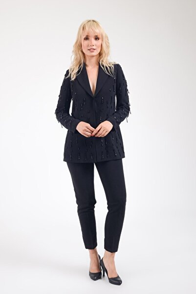 SpringStore Siyah Ceketi Taş İşlemeli Pantolonlu Takım