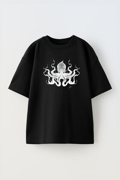 THEWERT Crna Pamuk Unisex Oversize kroj T-shirt - Dizajn crteža hobotnice Šta...