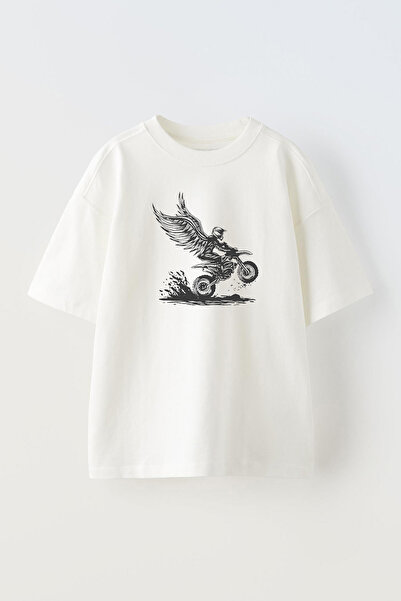 THEWERT Λευκό Unisex Oversize βαμβακερό μπλουζάκι - Biker Design Printed
