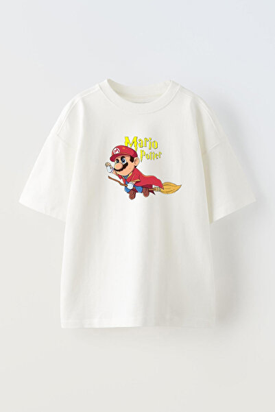 THEWERT Tricou alb oversize din bumbac unisex cu imprimeu Mario Potter