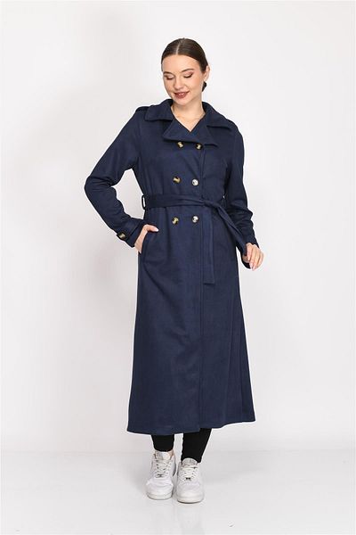 Nuseel Double Breasted Collar Faux Suede Trench Coat Navy Blue