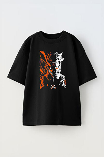 THEWERT Naruto Kurama Design - Tricou oversize unisex din bumbac negru