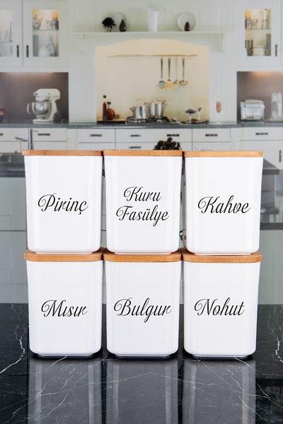 Lizzy 900 Ml Spice Rack Acrylic Food Storage Container - 6-Piece Porcelain Look, Square Wooden Vacuum Lid