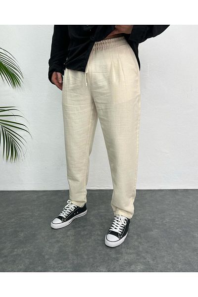 Oliggopol Ανδρικό κρεμ Boyfriend Παντελόνι από λινό Relaxed Cut Double Leg Jogger