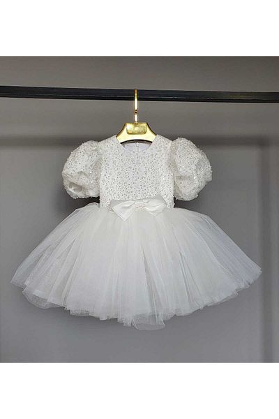 SCSTİL White Balloon Sleeve Beaded Dress